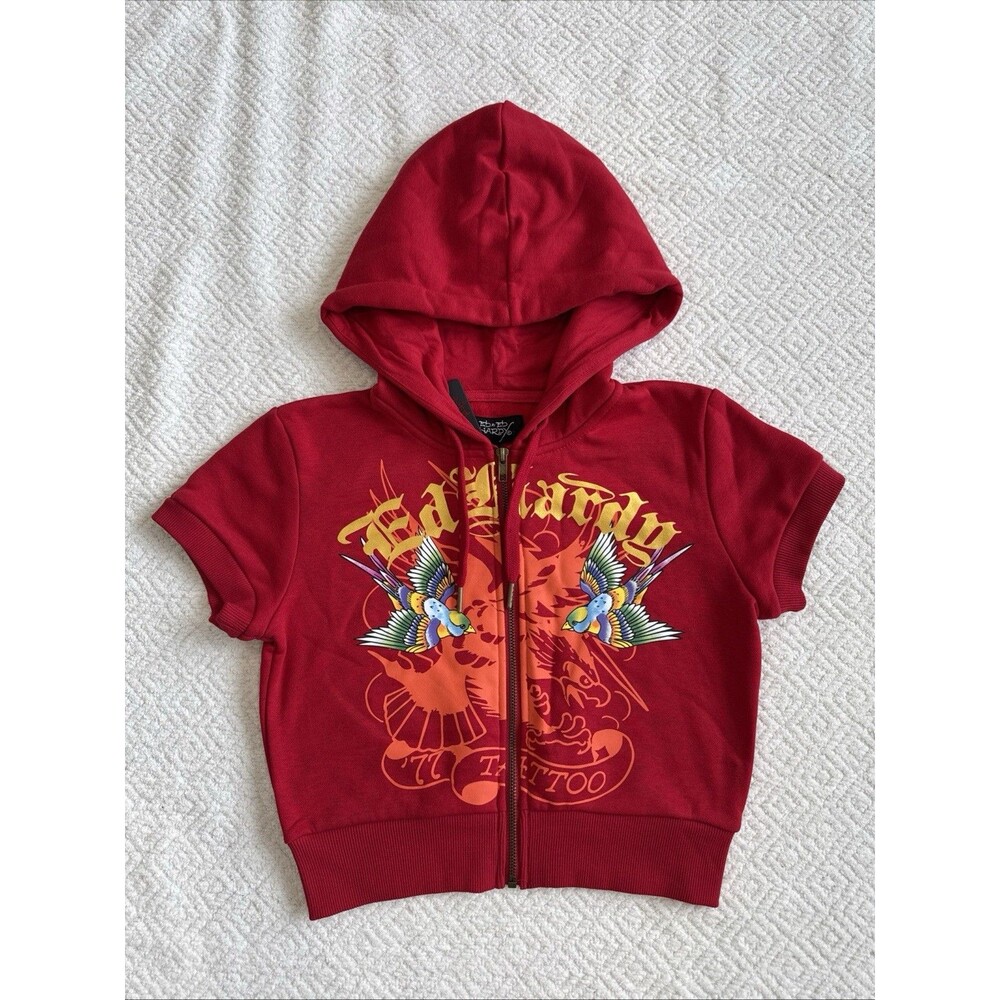 Ed Hardy Women's Red Full Zip Short Sleeve Graphic Print Hoodie Size M